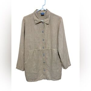 Ivy Tan Linen Tunic in Size Large. Long Sleeve, Button Front.